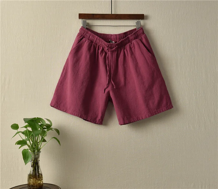 Wine red Johnature, стиль, повседневные, хлопковые, льняные, на завязках, женские шорты,, летние, одноцветные, широкие, модные, женские брюки - Цвет: Wine red