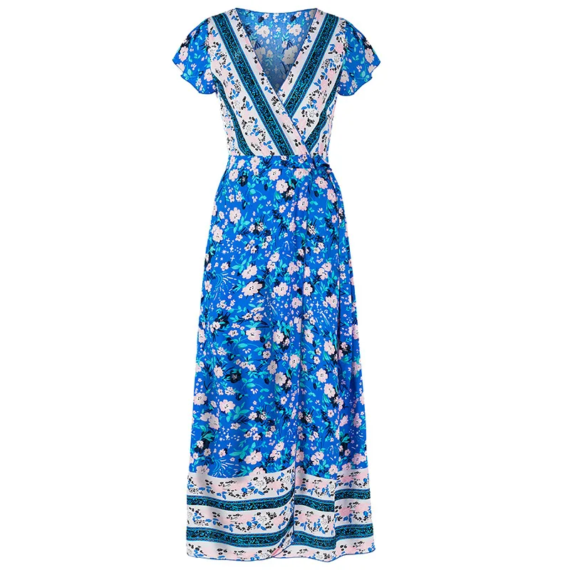 Женское длинное платье макси летнее пляжное с цветочным принтом Boho коротким