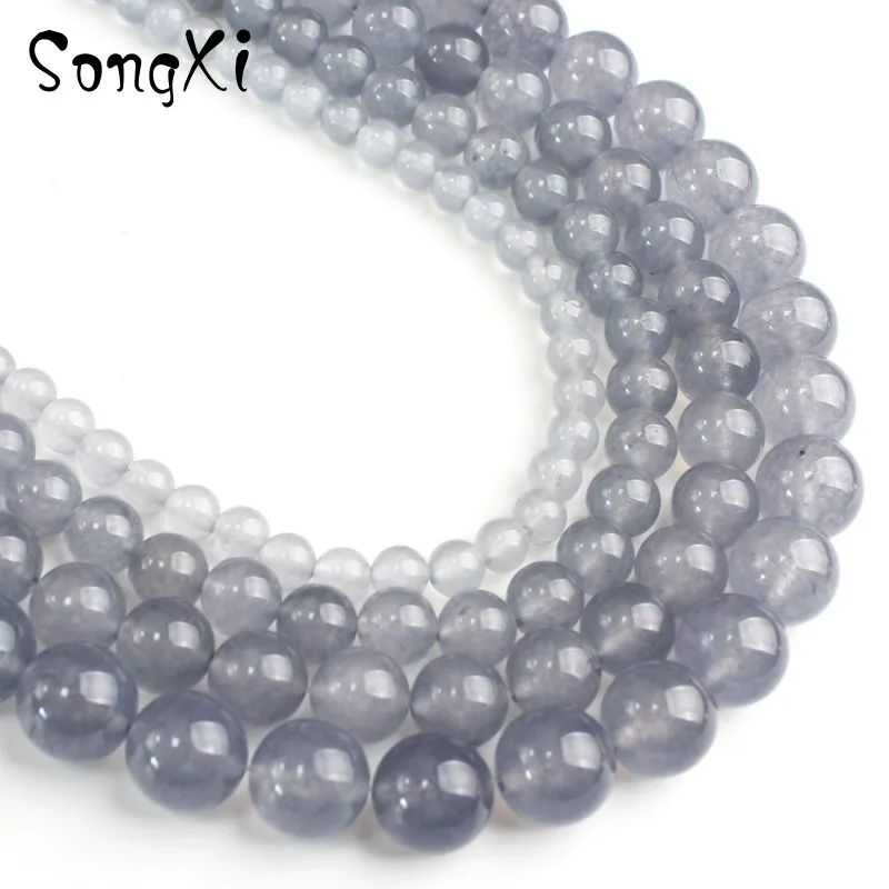 A+Natural Chalcedony Grey Jades Stone Beads For Jewelry Making Round DIY Bracelet Earrings Necklace Pick 6 8 10 12mm 15 Inches | Украшения