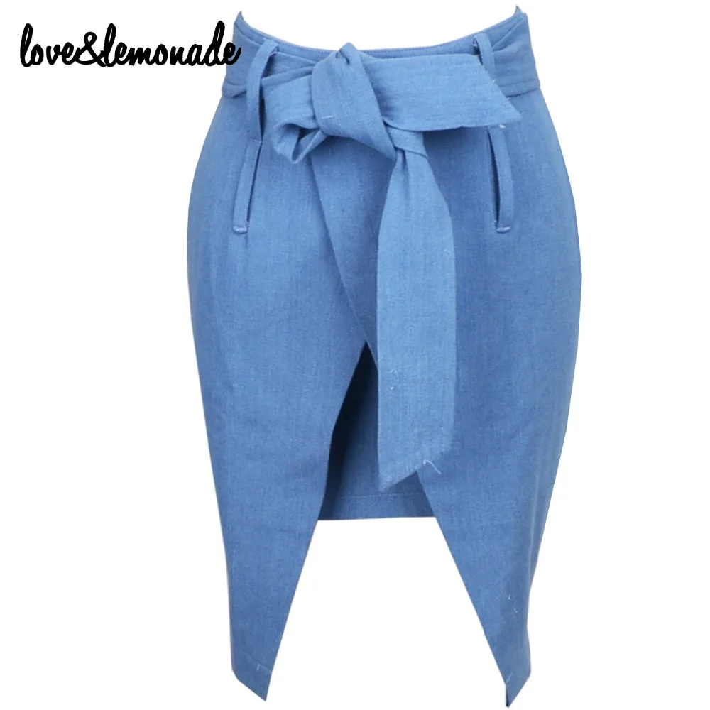 Голубая джинсовая юбка с заниженной талией и поясом Love & Lemonade TB 9278|denim skirt|skirt skirtbelt