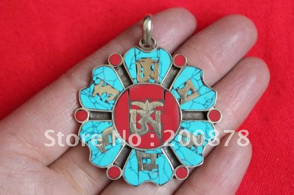 

Tibetan JewelryTBP144 Tibetan six words mantras Amulet pendant38mminlaid turquoise croalNepal vintage flower