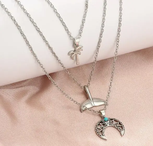 Bohemia Coco Tree Mermaid Moon Pendant Necklaces Multi Layer Silver Chain Chokers Necklace Collar for Women Jewelry | Украшения и