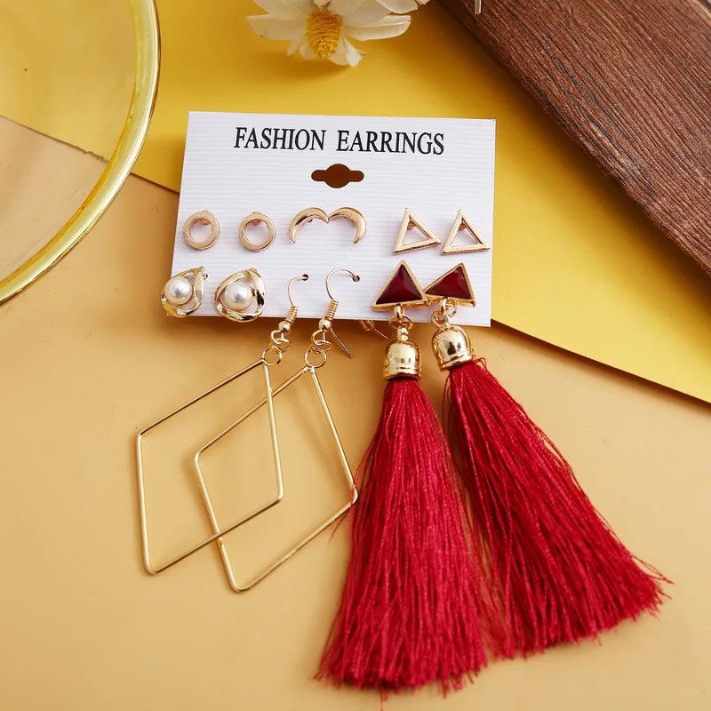 Belleper New Design Tassel Earring Sets Women Geometric Bohemian Gold Flower Long Tassel Earring Set Fashion Wedding Jewelry
