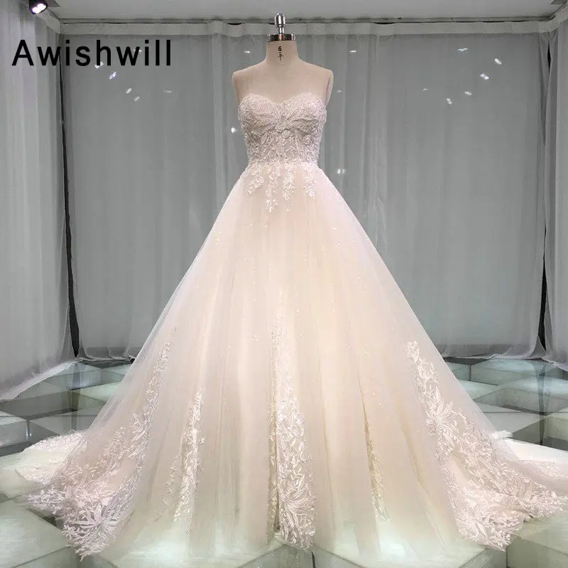 

Vestidos de Novia Gorgeous Wedding Dress 2020 Strapless Beaded Lace Tulle A-line Robe De Mariage Custom Made Bridal Gowns
