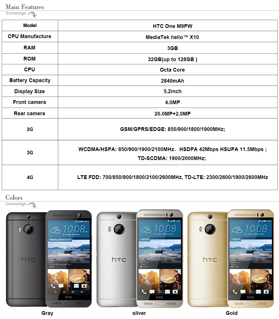 Разблокированный htc One M9 Plus, 5,2 дюймов, Восьмиядерный, 32 Гб ПЗУ, 3 ГБ ОЗУ, 2,2 МП, LTE, 2560 ГГц, 1440 x, сенсорный экран для телефона