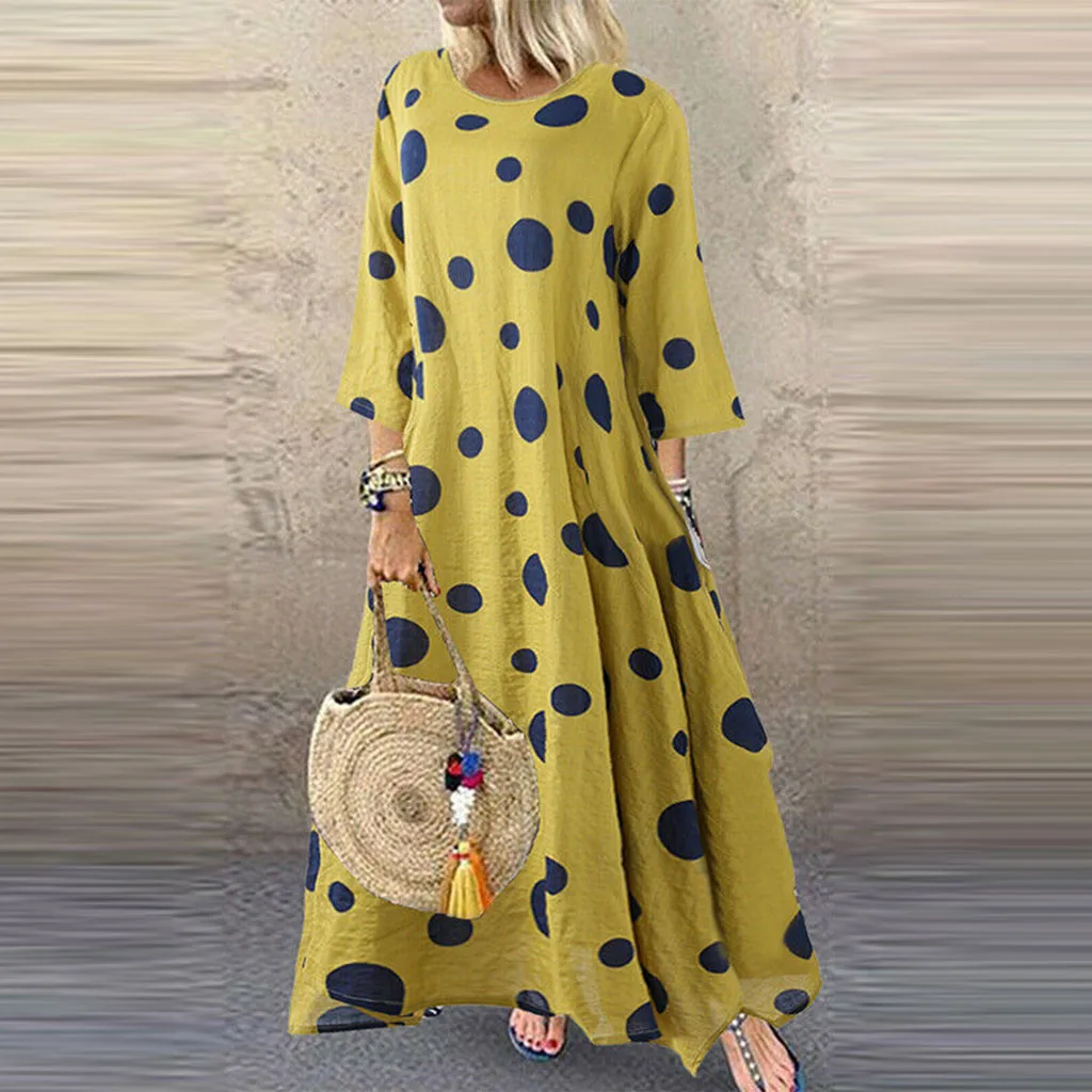 Женское свободное платье в горошек размера плюс с круглым вырезом и длинным