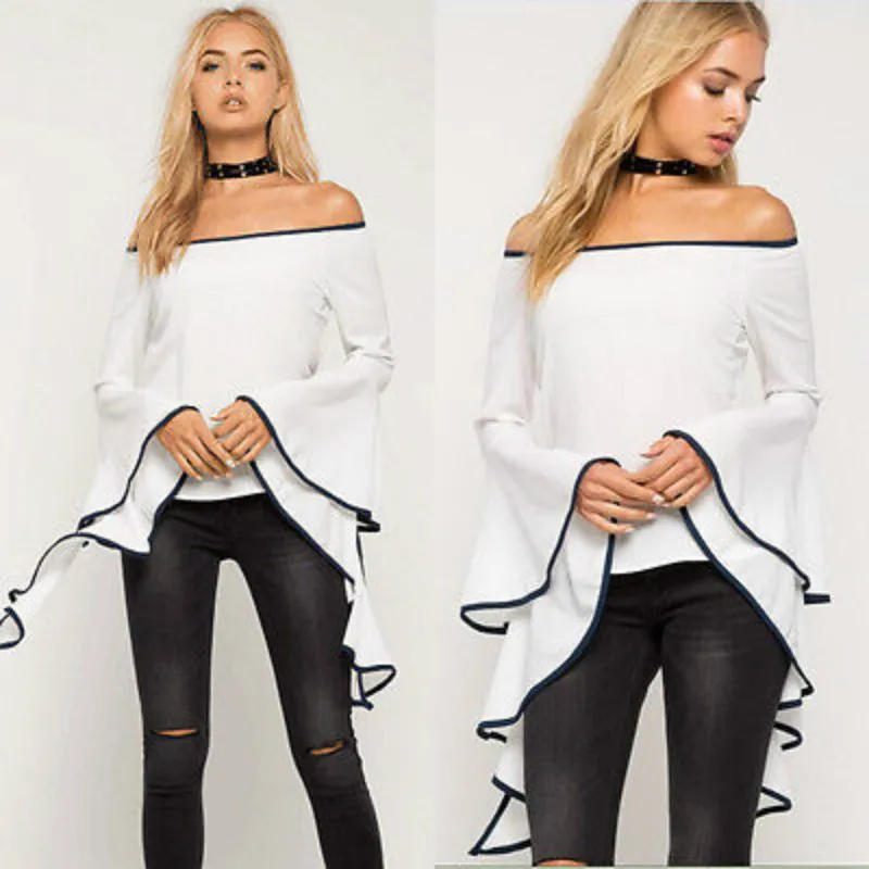 2017 Женская блузка с открытыми плечами и длинным рукавом Повседневная облегающая