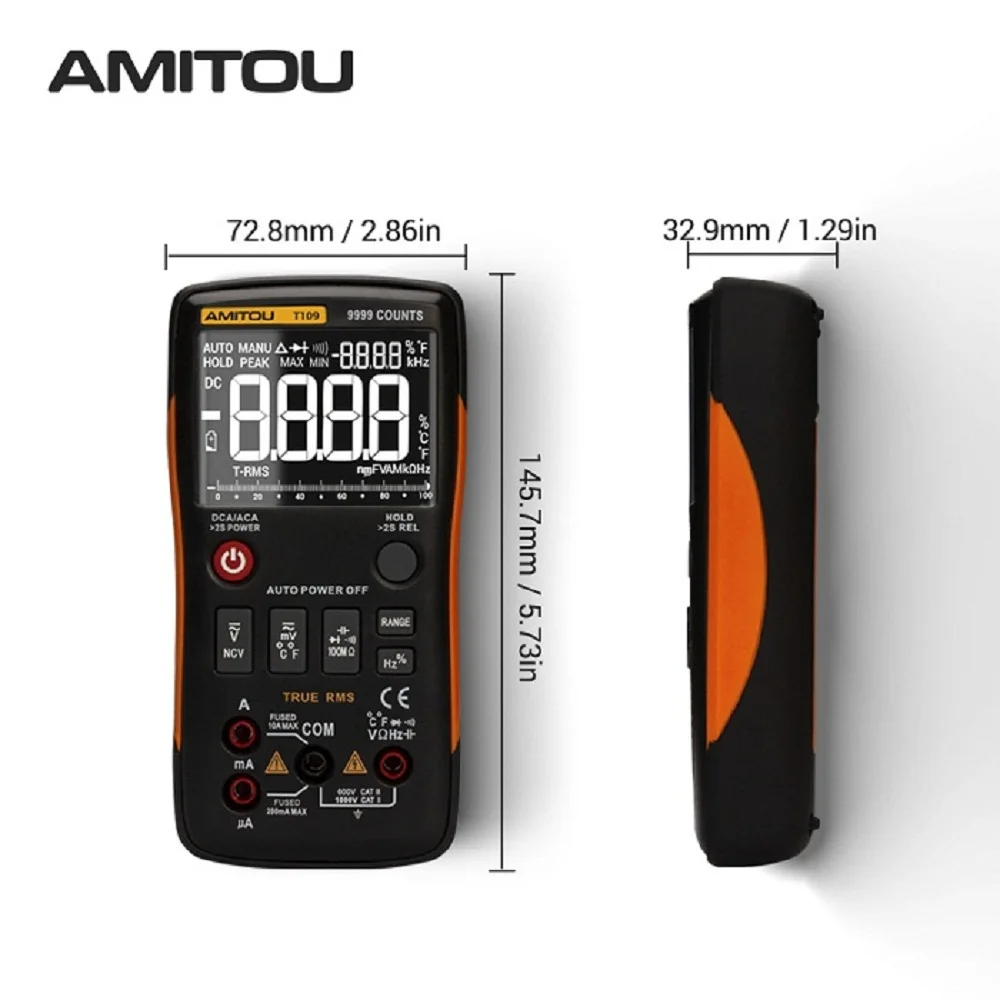 

T109 True-RMS Digital Multimeter Auto Button 9999 Counts With Analog Graph AC/DC Voltage Ammeter Current Ohm Transistor Tester