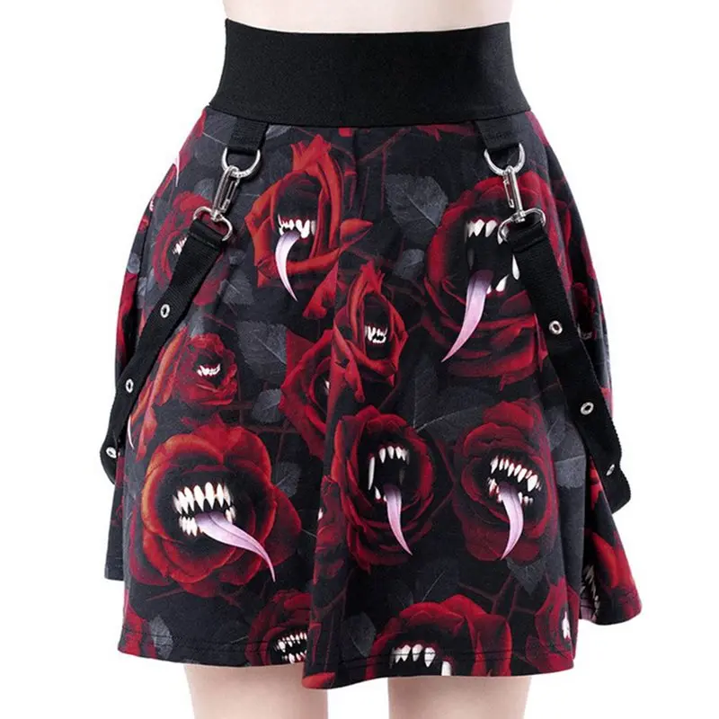 Punk Streetwear Women Mini Skirt New Fashion Devil Print Cool Gothic Suspender Casual Summer Elastic High Waist Skirts Girl