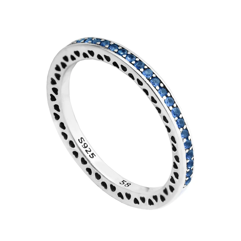 

100% 925 Sterling Silver Rings for Women Blue Enamel Crystals Radiant Hearts Ring Fine Jewelry Wedding Party Gift Bague Femme