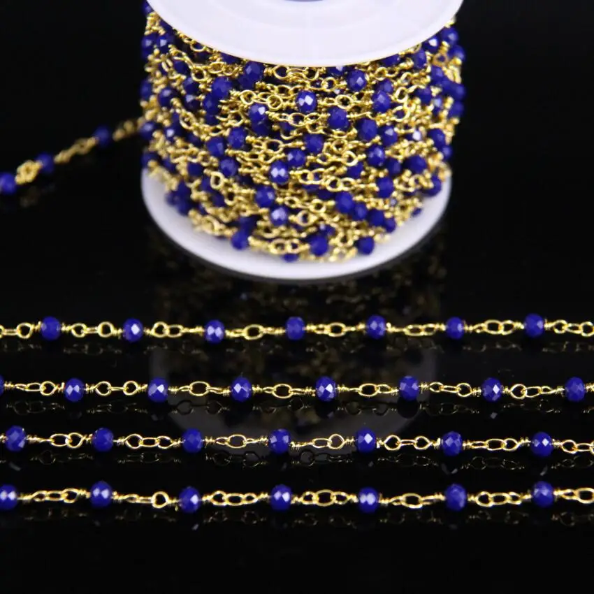 

5Meters,3x4mm Size Lapis Blue Glass Faceted Rondelle Chain Charms,Plating Gold Rosary Chain DIY Necklace Crafts