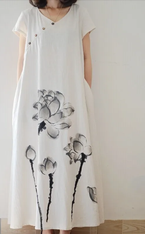 2015new arrive plus size summer china style women dress cotton linen long ink lotus printed retro art Fan loose vestidos | Женская