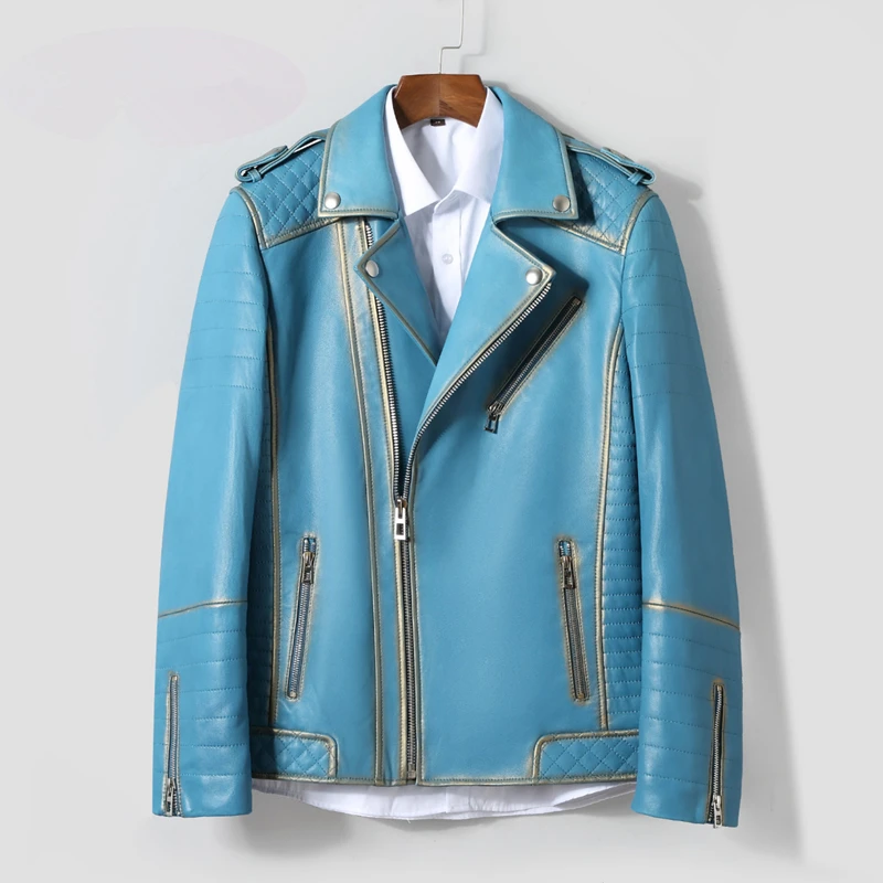 Мужская кожаная куртка из овечьей кожи синяя натуральной с отложным воротником