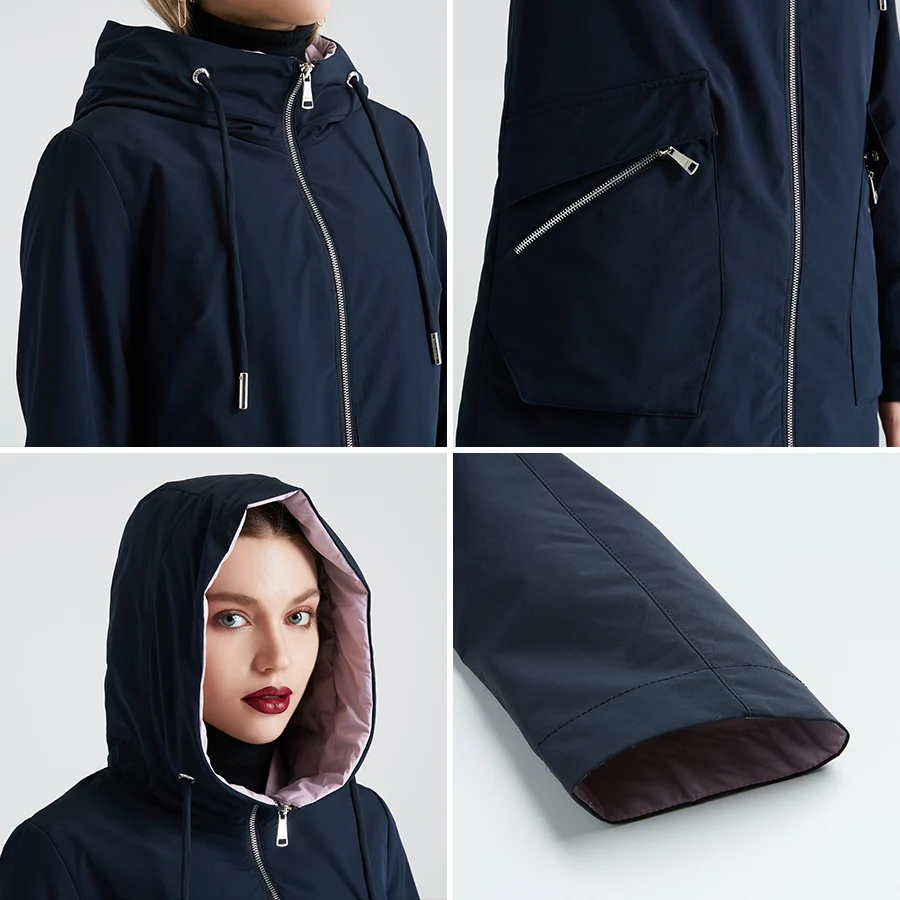 MIEOGOFCE Spring and Autumn Long Women's Windbreaker Warm Women's Cotton Jacket With Stand Collar New Design