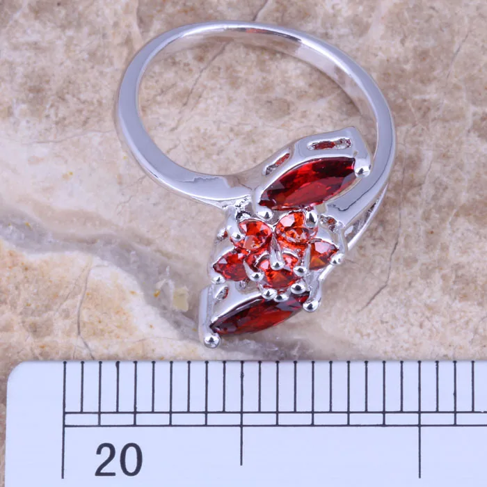 Превосходный красный гранатовый Серебряное женское кольцо с цветком Размер 6/7/8/9