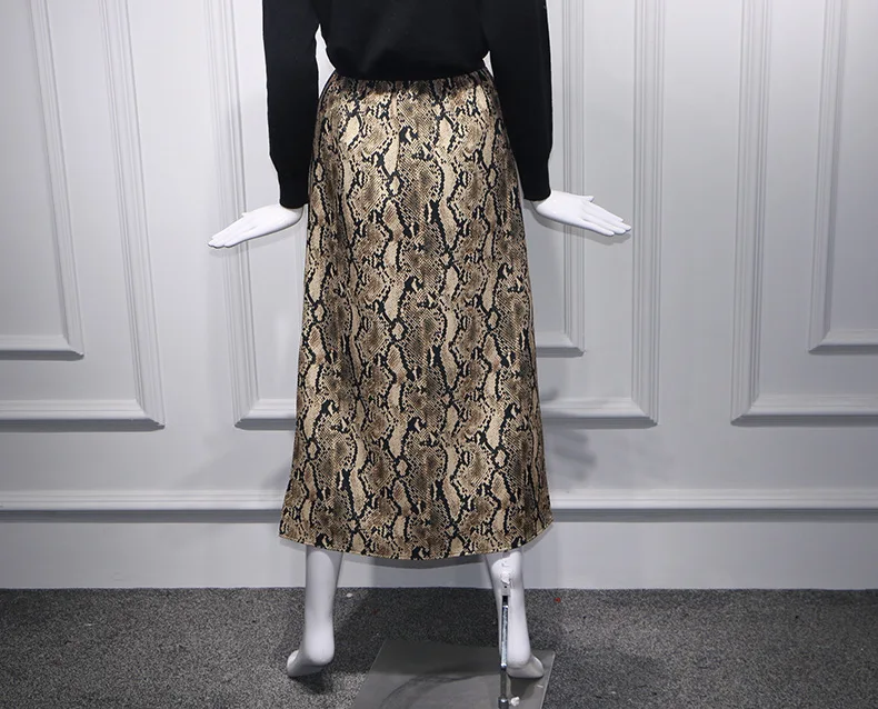 Women Snake Print Skirt Elastic Waist Korean Midi Skirts Women's 2018 Office Lady A Line Split Straight Long Faldas Mujer | Женская