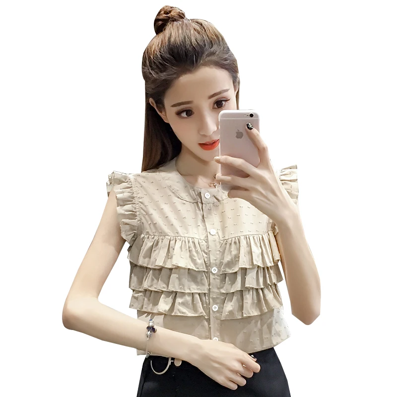 Летняя блузка без рукавов с оборками и воротником-стойкой Маленькая прозрачная