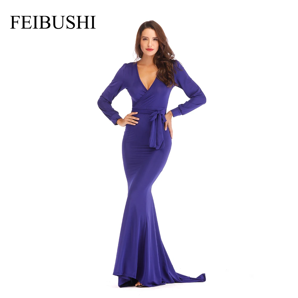 

Женское элегантное платье-футляр до пола FEIBUSHI, однотонное темно-синее Повседневное платье-Русалка с длинным рукавом для свадьбы Вечерние н...