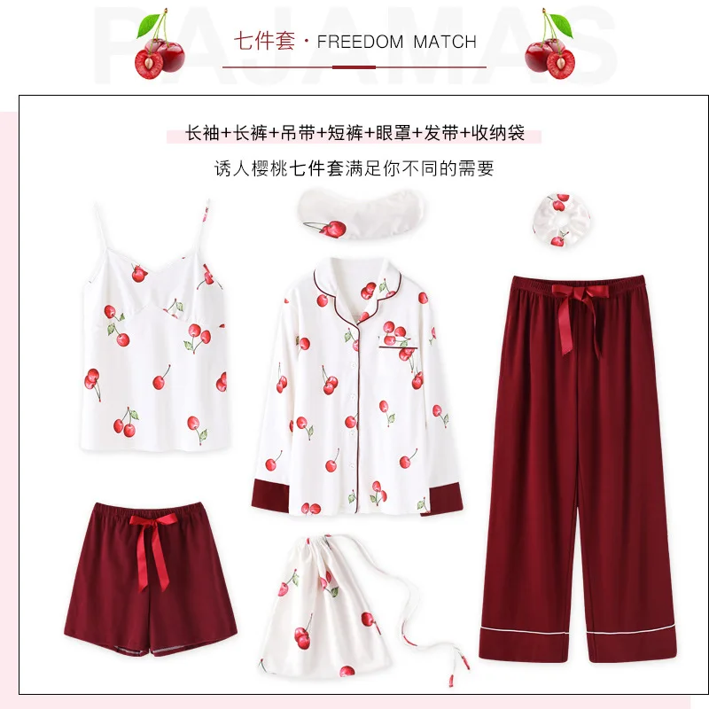 Women new cotton cute eye mask lady spring and summer thin style home wear print long sleeve seven piece pajama sets