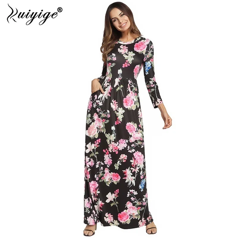 Ruiyige Для женщин Boho Maxi Цветочный принт платье Повседневное туника с длинными