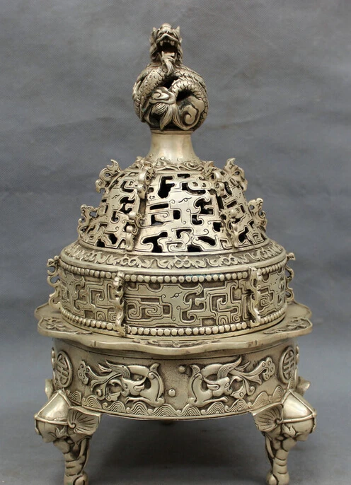 

Быстрая доставка USPS в США S1496 14-дюймовая тибетская серебряная статуя фэн-шуй Fly Dragon статуя слон голова курильница