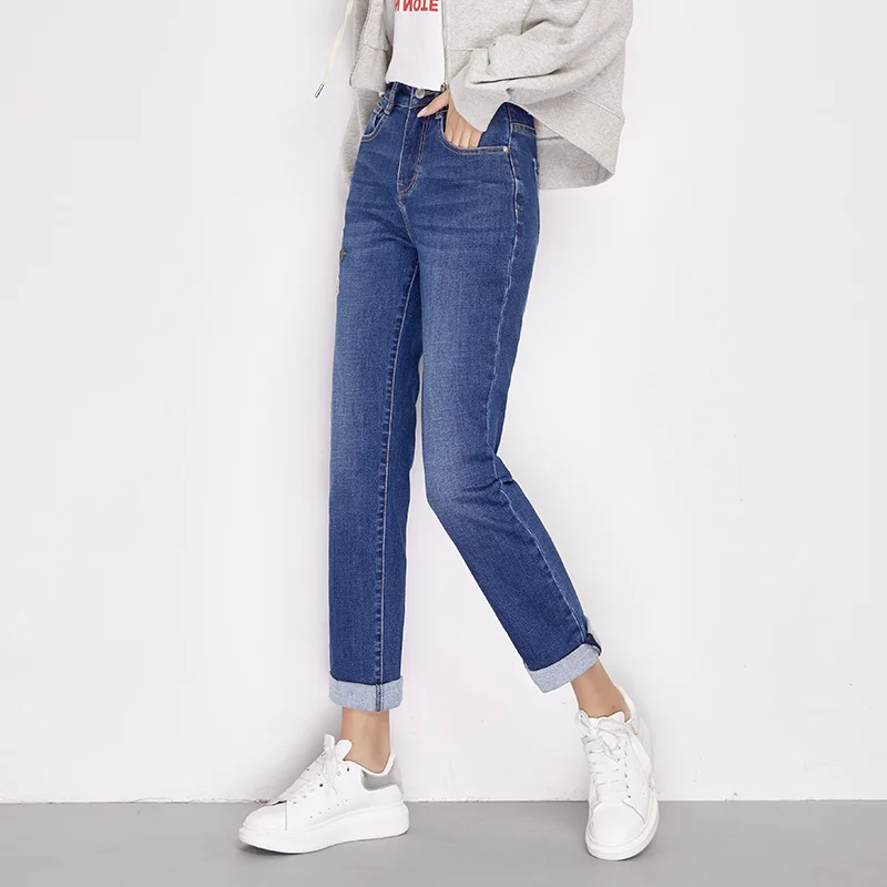LEIJIJEANS 2019 Весна и лето новые приталенные узкие длинные прямые джинсы с цветочной