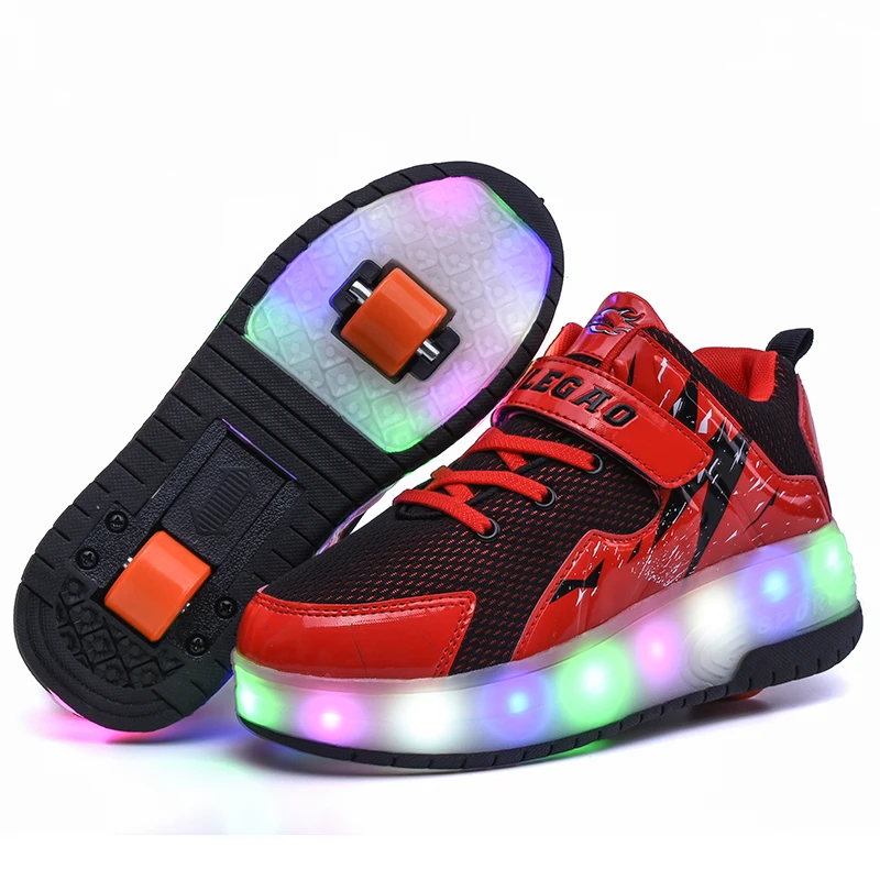 purple USB Charging Fashion Girls Boys LED Light Roller Skate Shoes For Children Kids Sneakers With Wheels Two wheels led shoe | Детская