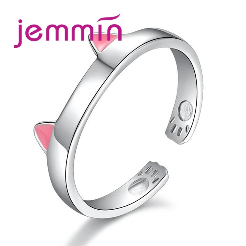 

Colored Crystal Cute Cat Ears Simple 925 Sterling Silver Opening Adjustable Rings Girl Surprise Gift Support Wholesale