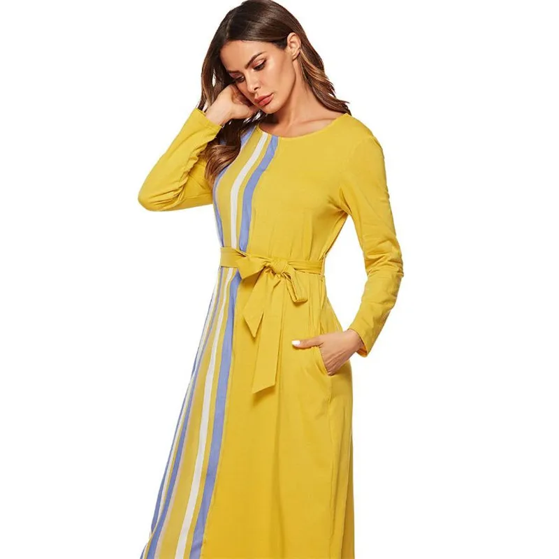 Женское прямое платье с поясом длиной до щиколотки и круглым вырезом|Женские