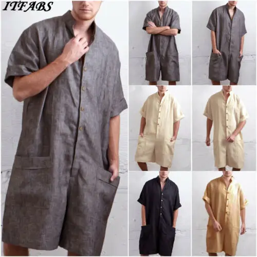 Модный мужской комбинезон Одноцветный рукав три четверти с пуговицами карманами