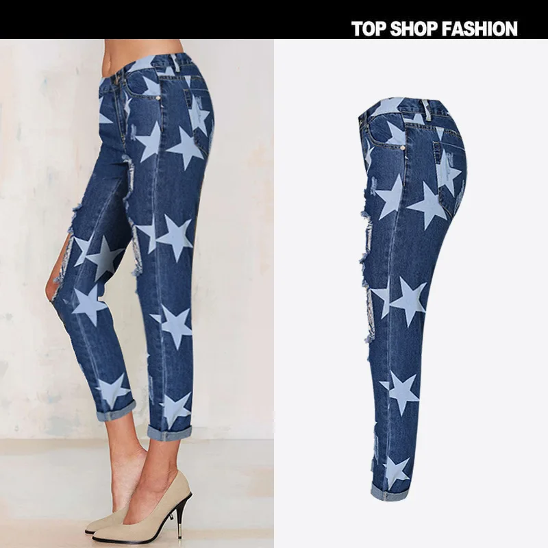

Stamp Prints Denim jeans Straight Trousers Clothing For Women Cotton Plus Size Fashion Loose High Waist Calf-length Pants