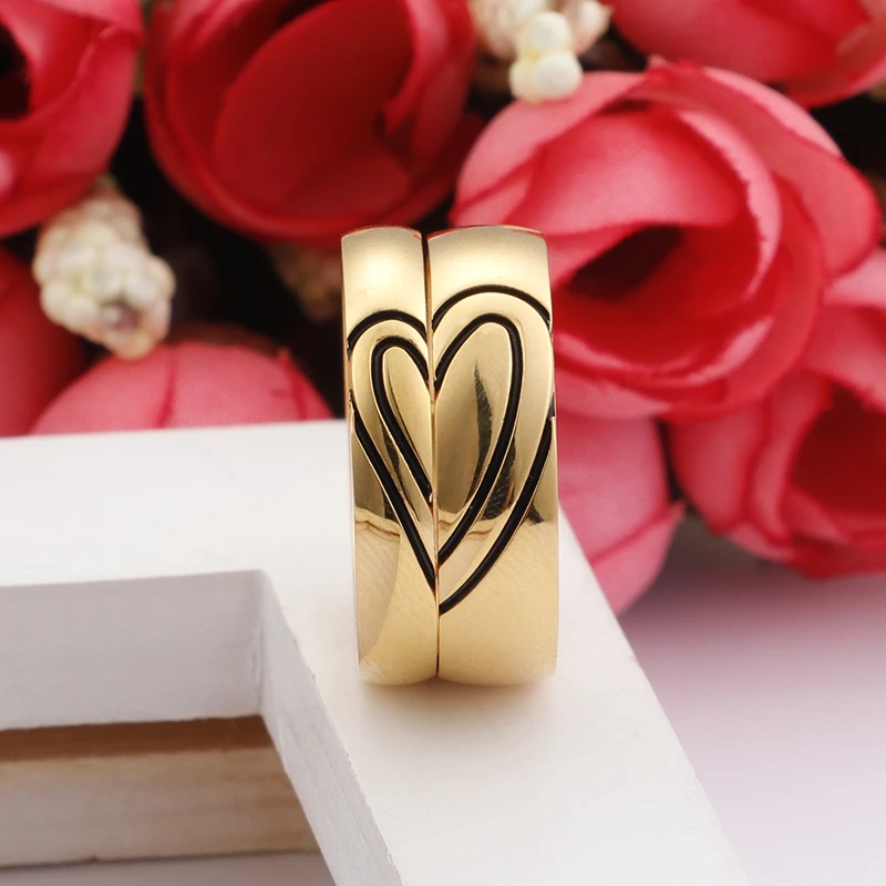 Новинка 2018 черное кольцо в форме сердца для женщин и мужчин золотого цвета из
