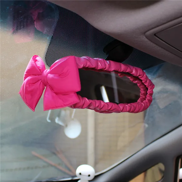 Bow Rearview Mirror Женские аксессуары для салона автомобиля розовый Roseo красный чехол для рулевого колеса подушка для шеи чехол для ремня безопасности набор ручного тормоза - Название цвета: Bow Rearview Mirror