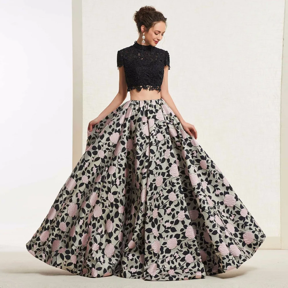Tanpell print flowers prom dresses high neck short sleeves floor length women lace button formal custom a line gown | Свадьбы и
