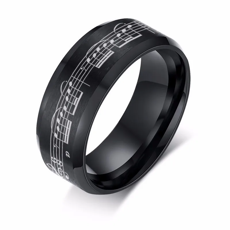 Engraving 8 мм Черный обручальное кольцо из нержавеющей стали с музыкальными нотами из цветочного дуэта музыкальный лист лазерная гравировка - Цвет основного камня: Engraving