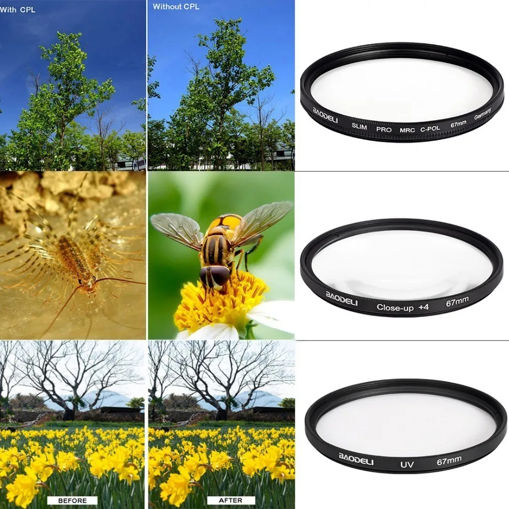 BAODELI One Set Filtro Concept UV CPL CLOSE UP 4 фильтр для объектива 49 52 55 58 62 67 72 77 82 мм камеры Cannon Nikon