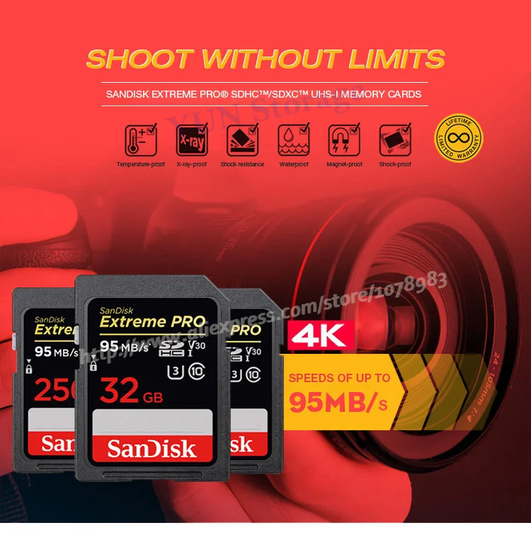 Двойной Флеш-накопитель SanDisk Extreme PRO SDHC объемом до 32 GB 16 GB/SDXC 256 ГБ 64 Гб 64 Гб SD карты C10 U3 до 95 МБ/с. для камеры/видеокамеры/карта памяти компьютера