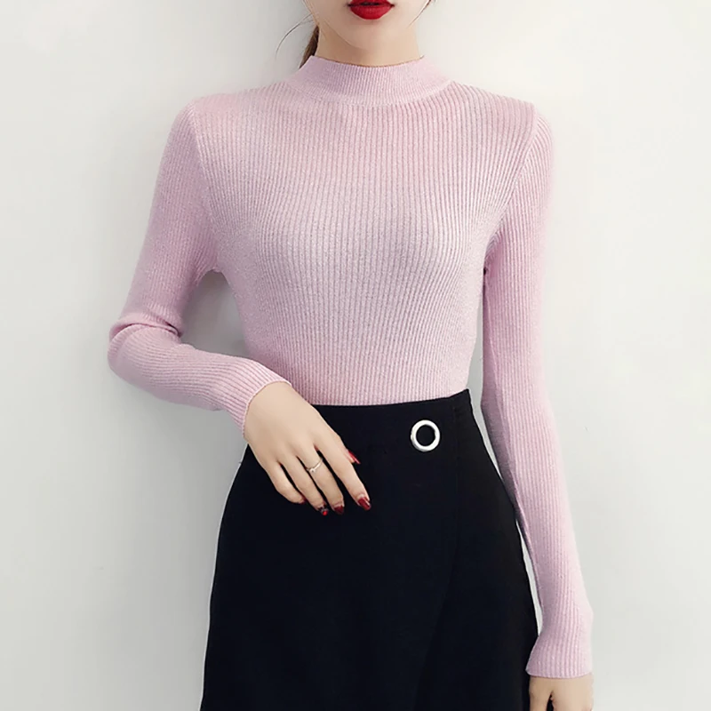 shintimes Long Sleeve Sweater Women Shiny Autumn Winter Pullover Korean Style Knitted Turtleneck Woman Basic Sweaters 2019 Femme | Женская