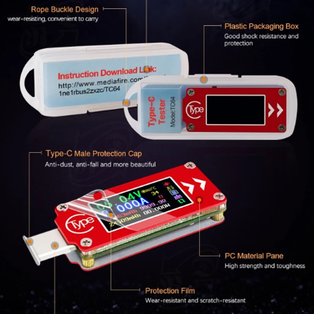 Мини мультиметр PHONEFIX RD TC64 Type C с цветным ЖК дисплеем 0 96 дюйма USB вольтметр
