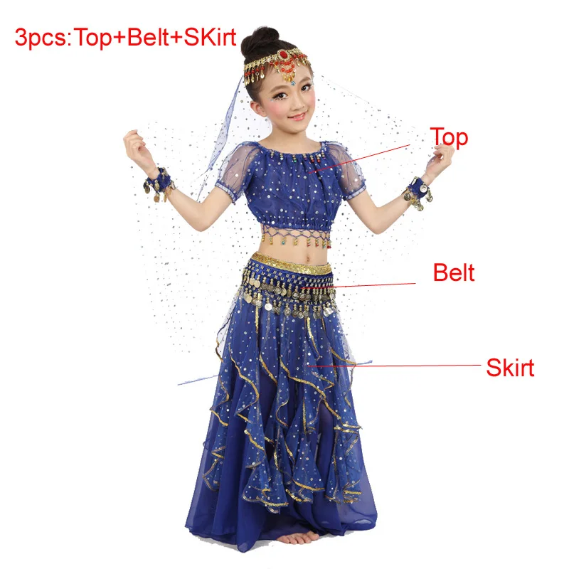 3pcs Blue 7 шт./Комплект из 3 предметов костюмы для танца живота Дети Танец живота Костюм восточного танца костюмы для танцоров одежда индийские танцевальные костюмы для детей - Цвет: 3pcs Blue