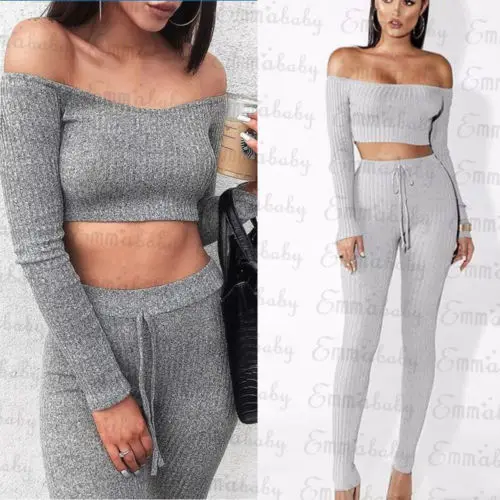 Женский трикотажный комплект из 2 предметов серый укороченный топ с длинным