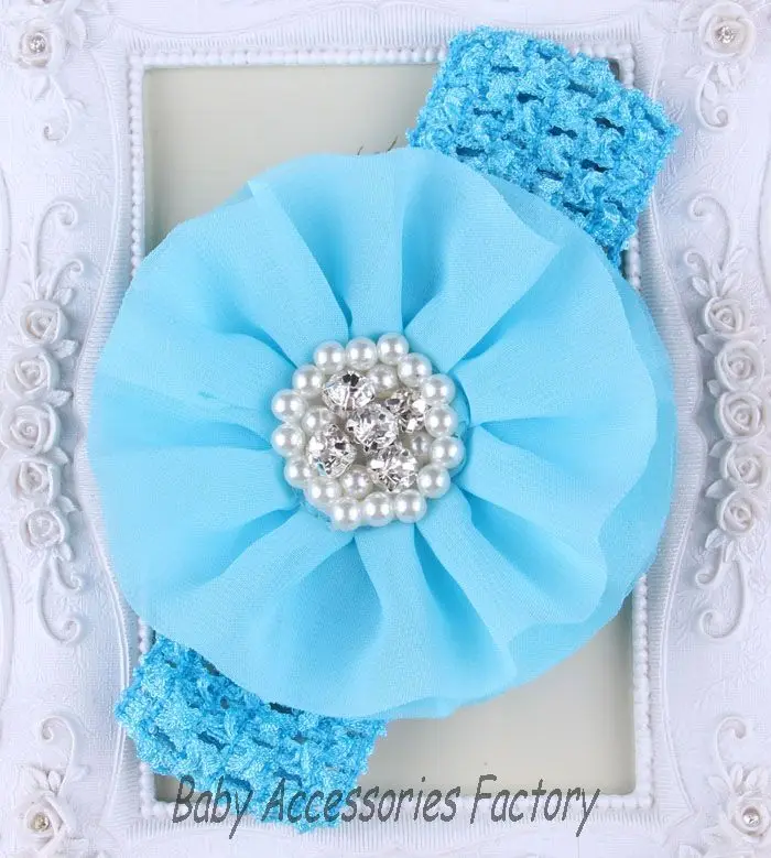 (2 шт./лот) Детские вязаные крючком шифоновые цветочные повязки с жемчужными