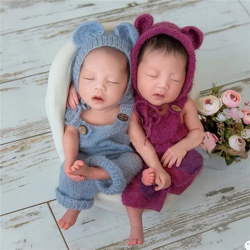 Newborn Photography Clothing Mohair Bear Ear Hat+Suspenders Outfits Newborn Shoot Crochet Clothes Baby Photo Props Accessories