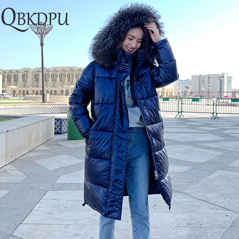 Зимний отражающий пуховик женский большой меховой капюшон хлопковое длинное