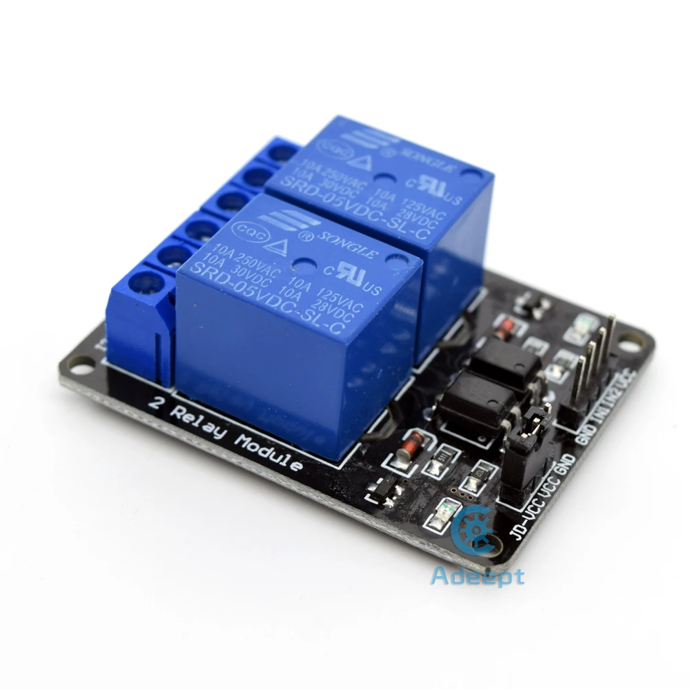 Модуль двухканальной релейной платы Adeept 5 В для Arduino Raspberry Pi ARM AVR DSP PIC бесплатная
