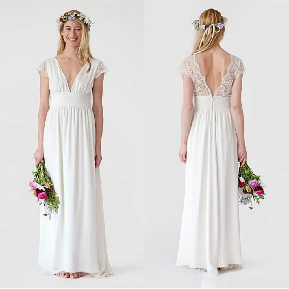 

Glamorous Chiffon V-neck Neckline Sheath Wedding Dresses Bohemia White Bridal Gowns Floor Length Beach vestido de noiva