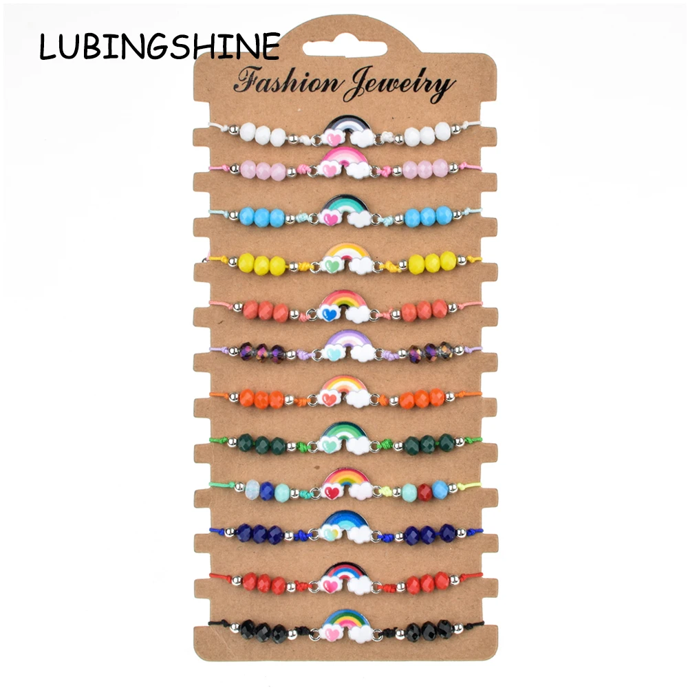 Bohemian 12pcs/lot Multi Rainbow Charms Braided Bracelet for Women Child Crystal Bead Adjustable Rope Chain Yoga Anklet Jewelry