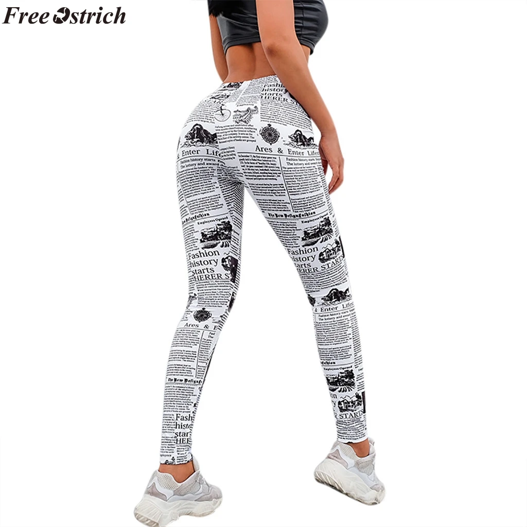 Бесплатная Страусиная Женская мода газетный принт Высокая талия тонкие леггинсы