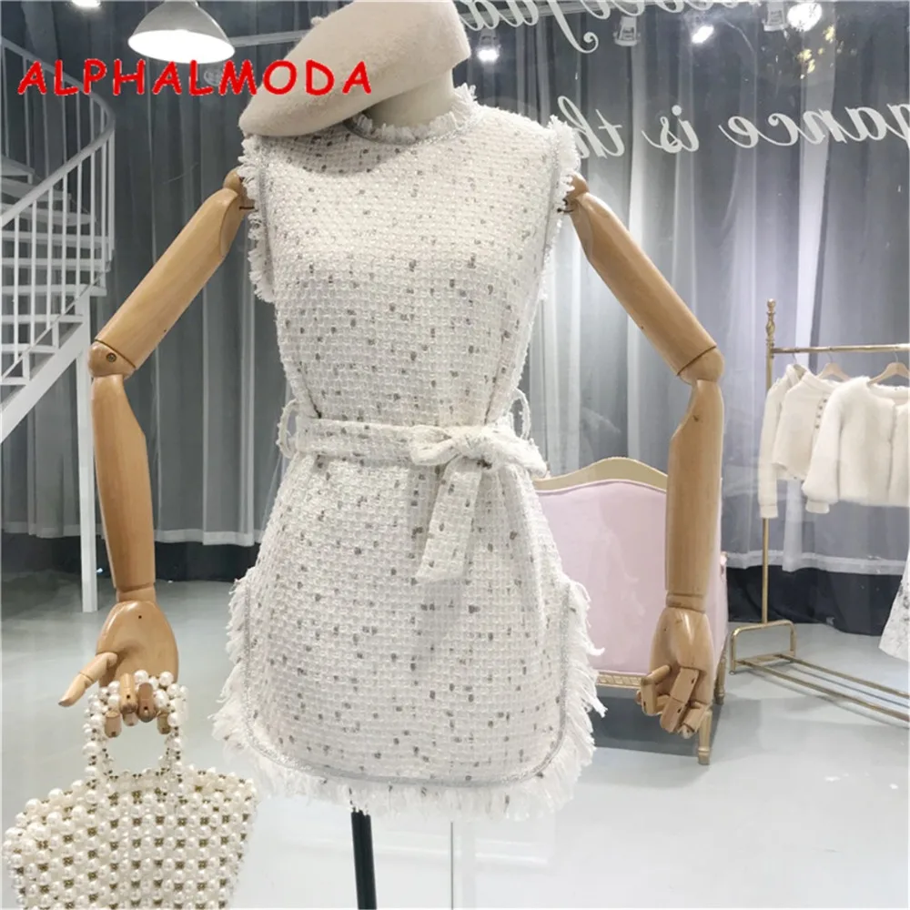 ALPHALMODA осеннее твидовое платье без рукавов с Боковым Разрезом и кисточками