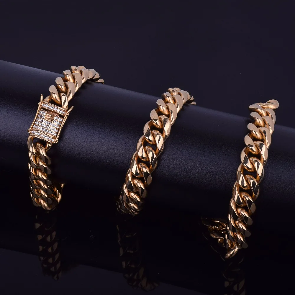 12 мм Iced Cuban Chain ожерелье мужские хип-хоп ювелирные изделия из нержавеющей стали с блестящей застежкой из горного хрусталя ожерелье с кубинским соединением 76 см